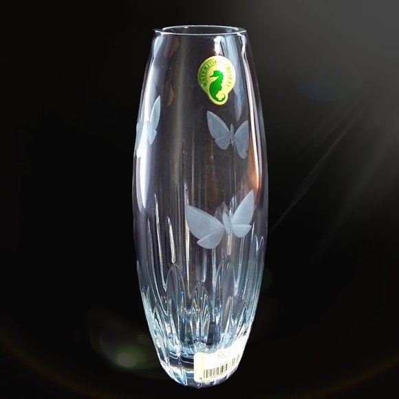 Waterford Crystal Butterfly Bud Vase Etched Signed 8in Original Sticker Slovenia - Picture 5 of 11